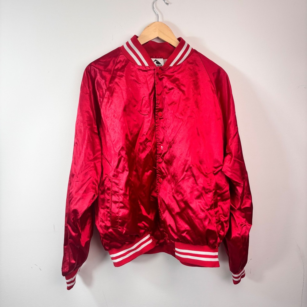 Augusta Sportswear Red Satin Bomber Jacket XL Varsity Baseball Snap Striped